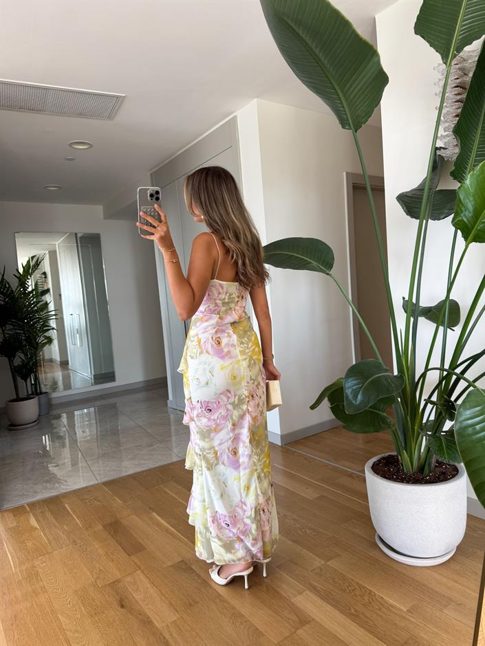 Lilyum Fırfır Detaylı Askılı Elbise - Sarı 