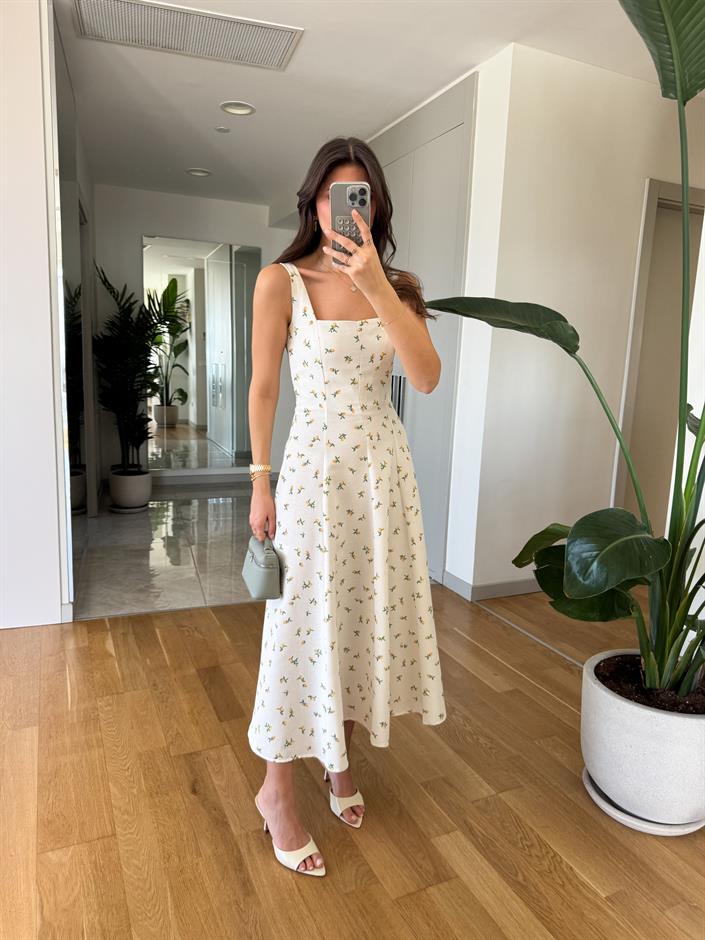 Limon Desenli Kare Yaka Elbise