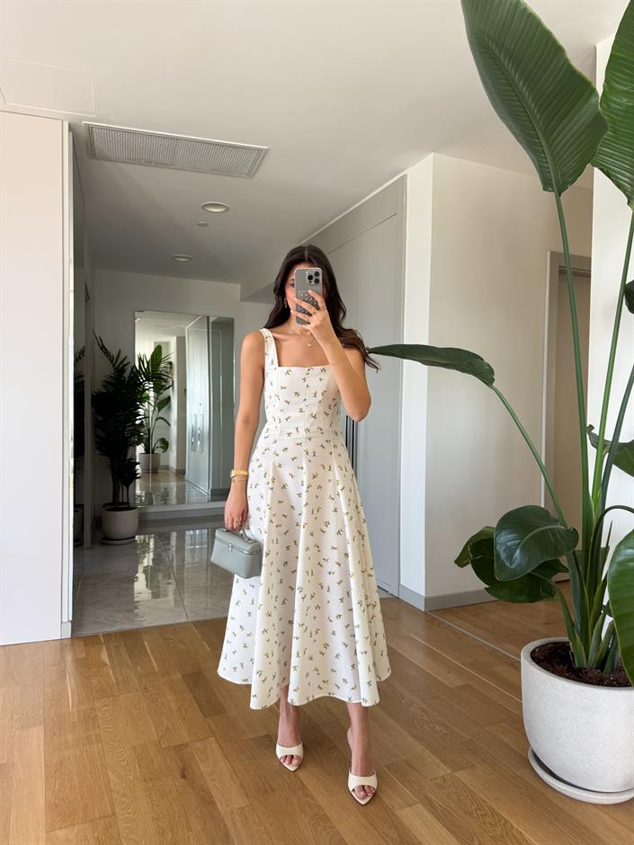 Limon Desenli Kare Yaka Elbise