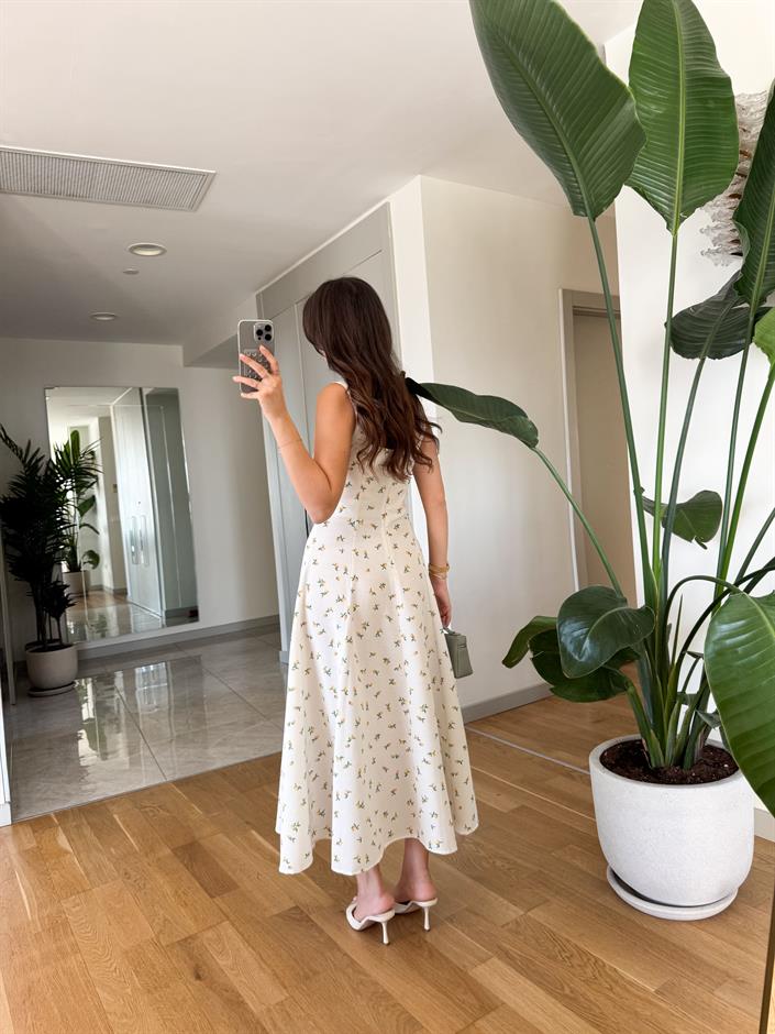 Limon Desenli Kare Yaka Elbise