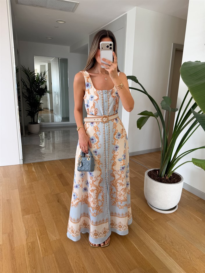 Lizy Çiçekli Kemerli Maxi Elbise - Açık Mavi