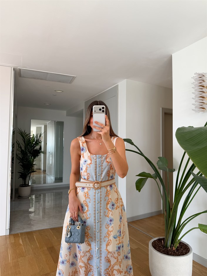 Lizy Çiçekli Kemerli Maxi Elbise - Açık Mavi