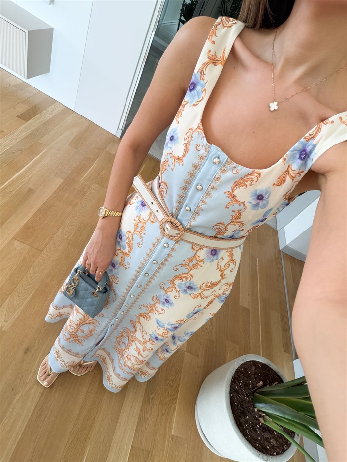 Lizy Çiçekli Kemerli Maxi Elbise - Açık Mavi