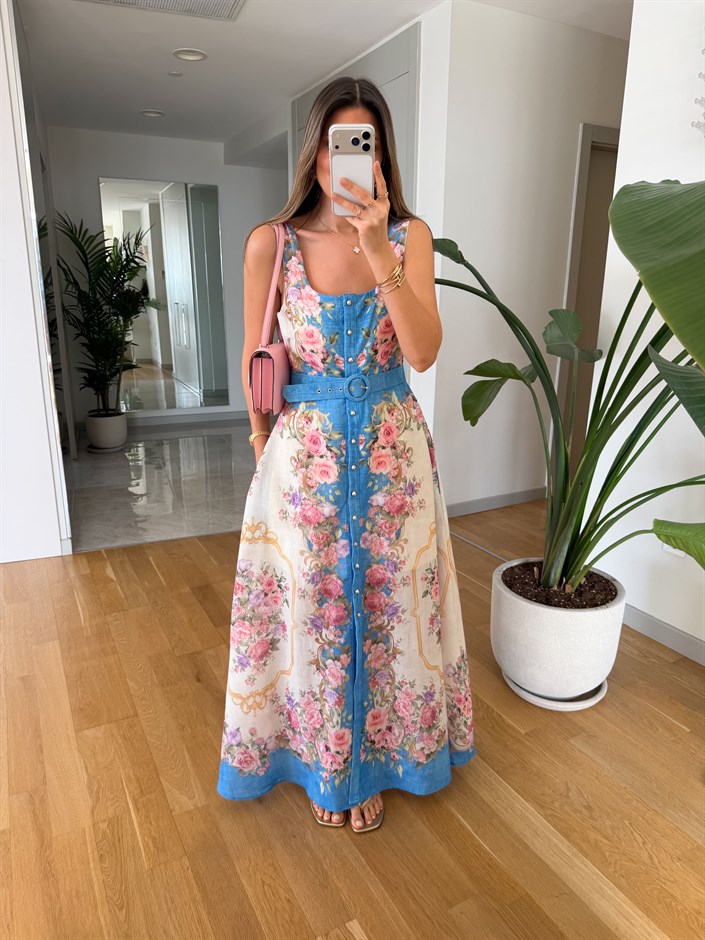 Lizy Çiçekli Kemerli Maxi Elbise - Mavi
