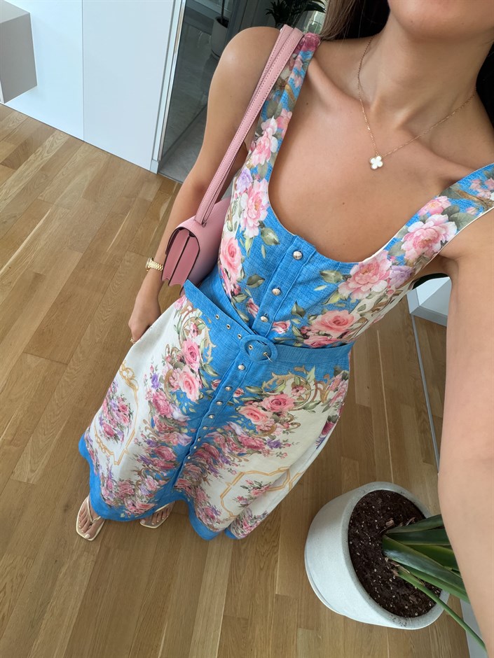 Lizy Çiçekli Kemerli Maxi Elbise - Mavi