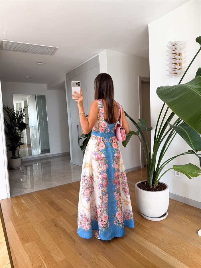 Lizy Çiçekli Kemerli Maxi Elbise - Mavi