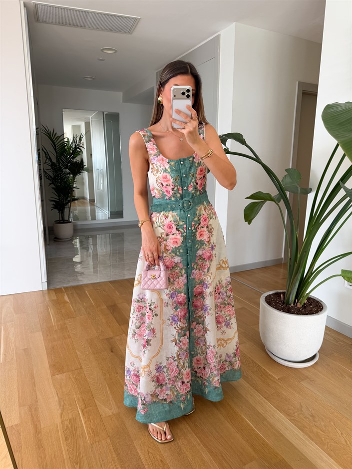 Lizy Çiçekli Kemerli Maxi Elbise - Yeşil