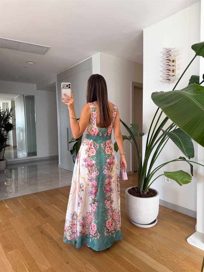 Lizy Çiçekli Kemerli Maxi Elbise - Yeşil