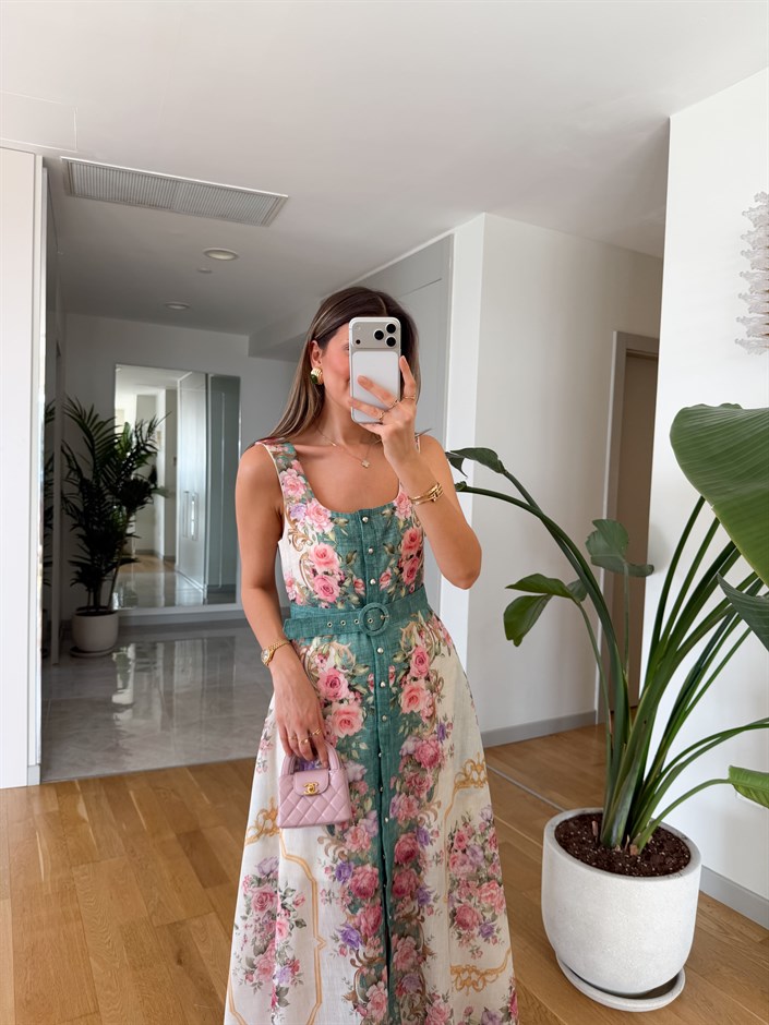 Lizy Çiçekli Kemerli Maxi Elbise - Yeşil