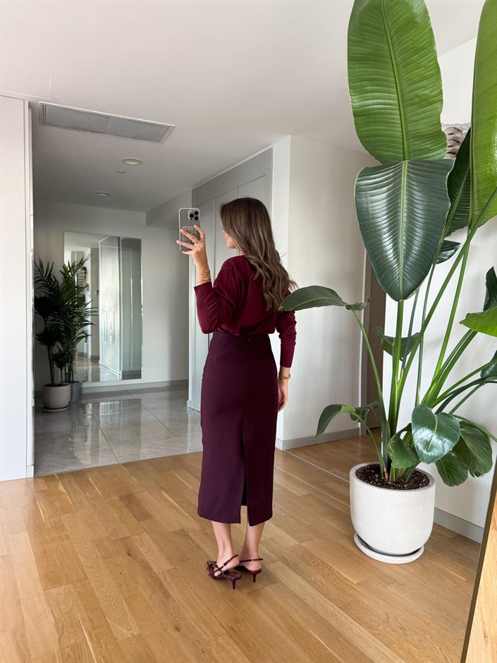 Lora Arka Yırtmaçlı Kalem Etek - Bordo