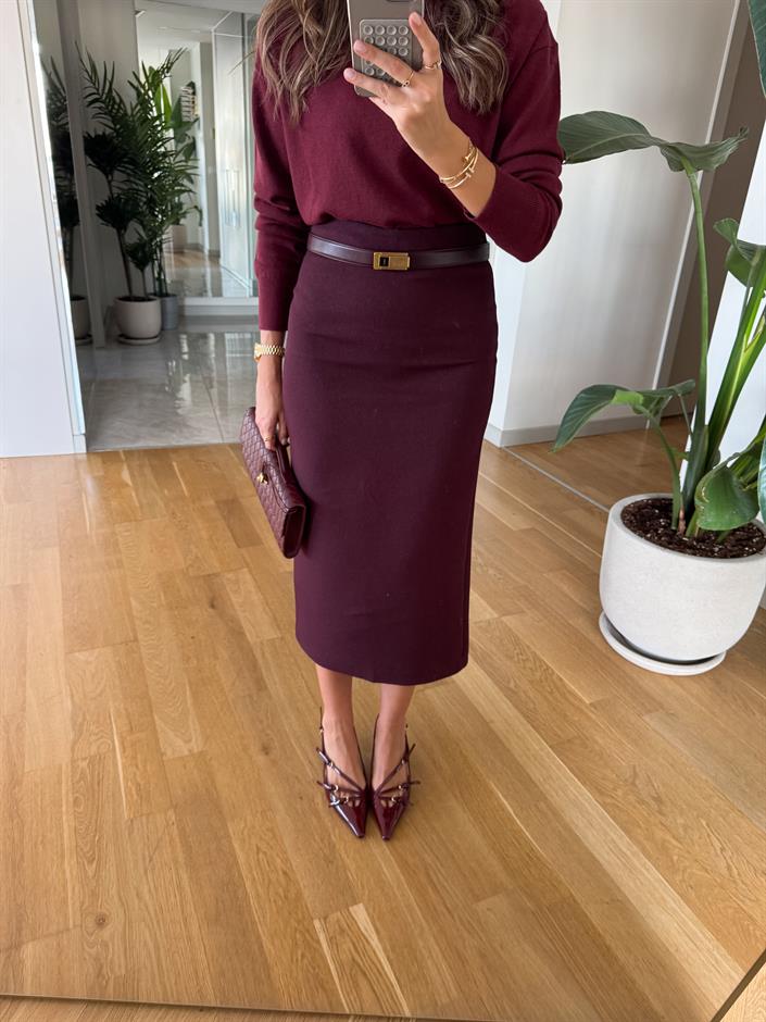 Lora Arka Yırtmaçlı Kalem Etek - Bordo