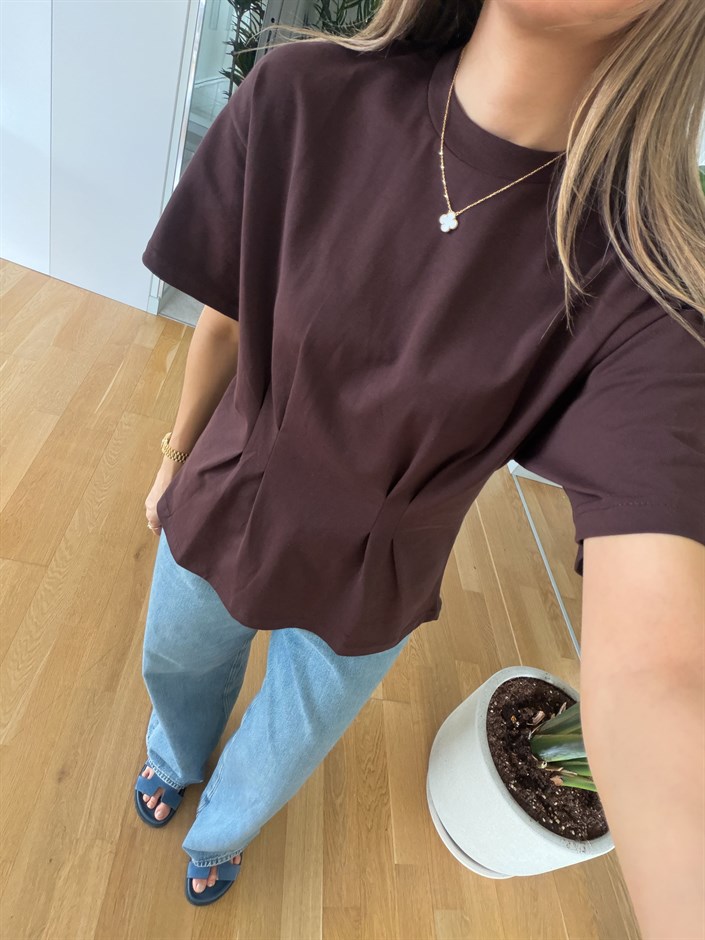 Luna Beli Büzgülü Bluz - Acı Kahve 