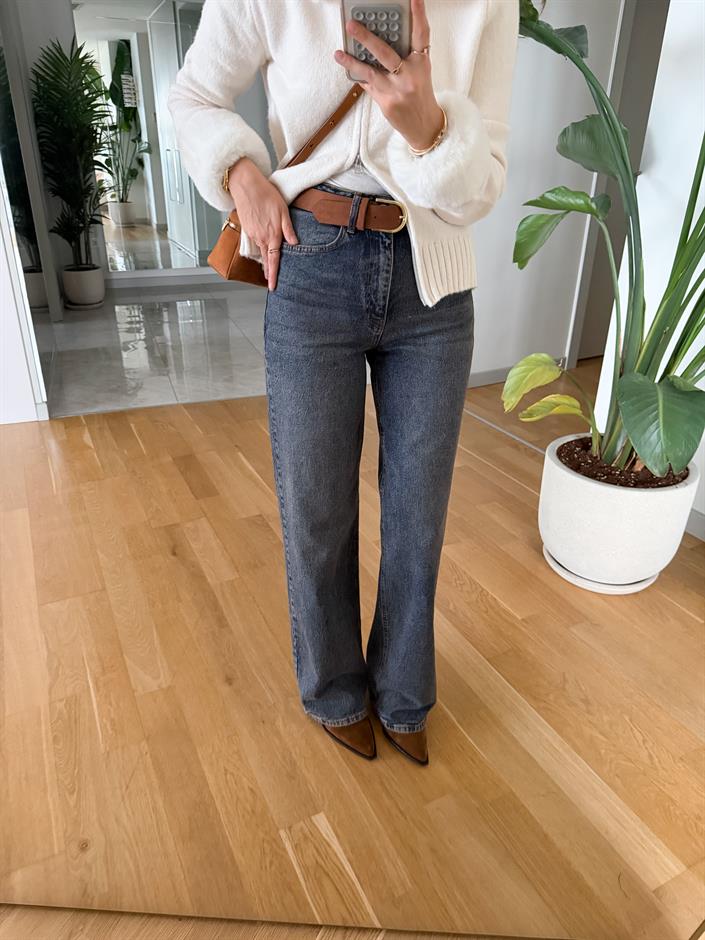 Luti Kemerlli Wide Leg Jean - Eskitme Mavi 