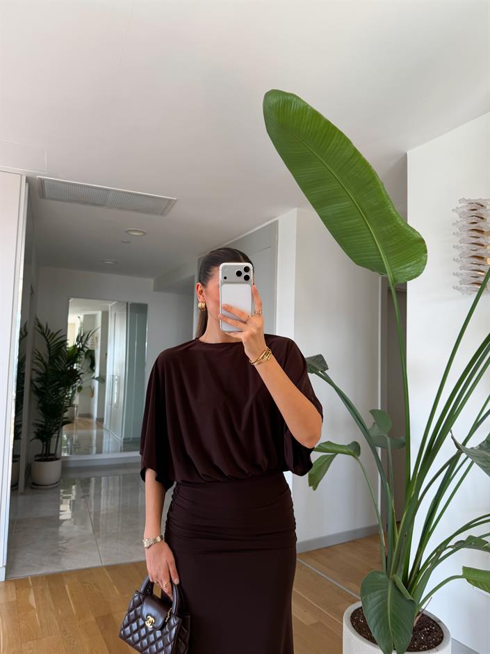 Lyla Yarasa Kol Drapeli Elbise - Kahve