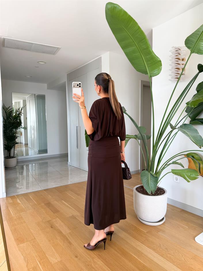 Lyla Yarasa Kol Drapeli Elbise - Kahve