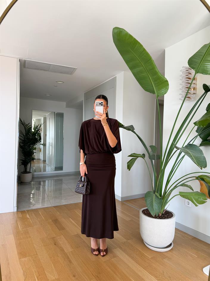 Lyla Yarasa Kol Drapeli Elbise - Kahve