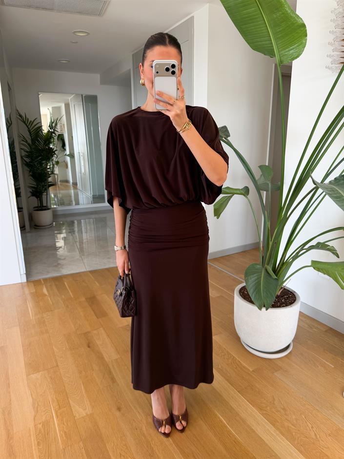 Lyla Yarasa Kol Drapeli Elbise - Kahve