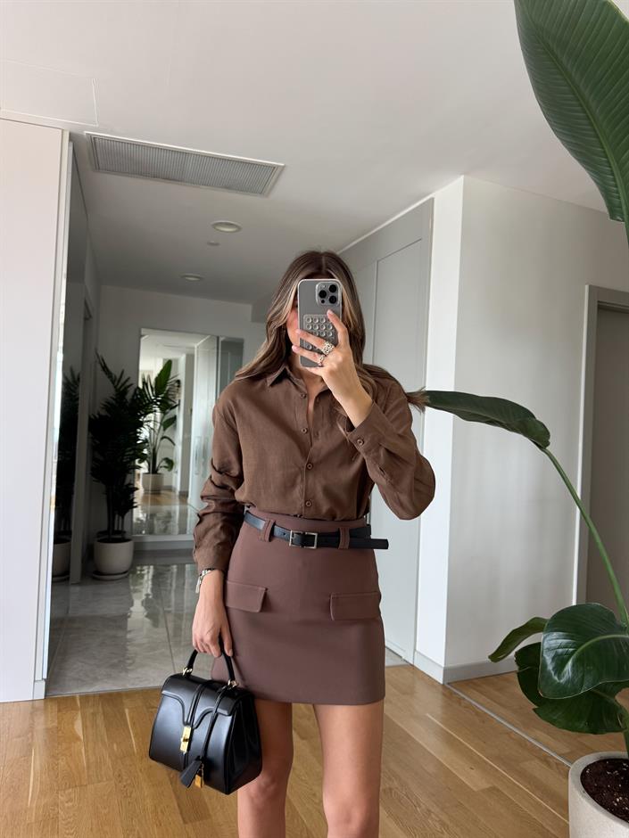 MA Özel Seri Kemerli Cepli Etek - Kahve