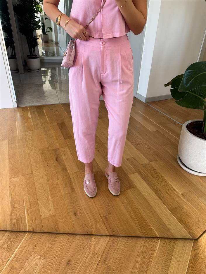 Maddox Keten Dokulu Yelek Pantolon Takım-Pembe