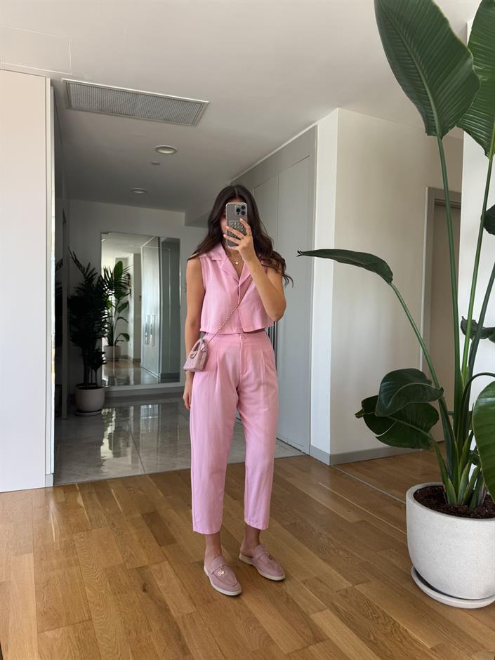 Maddox Keten Dokulu Yelek Pantolon Takım-Pembe