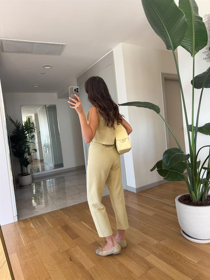 Maddox Keten Dokulu Yelek Pantolon Takım-Lime Sarı