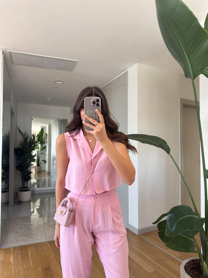 Maddox Keten Dokulu Yelek Pantolon Takım-Pembe