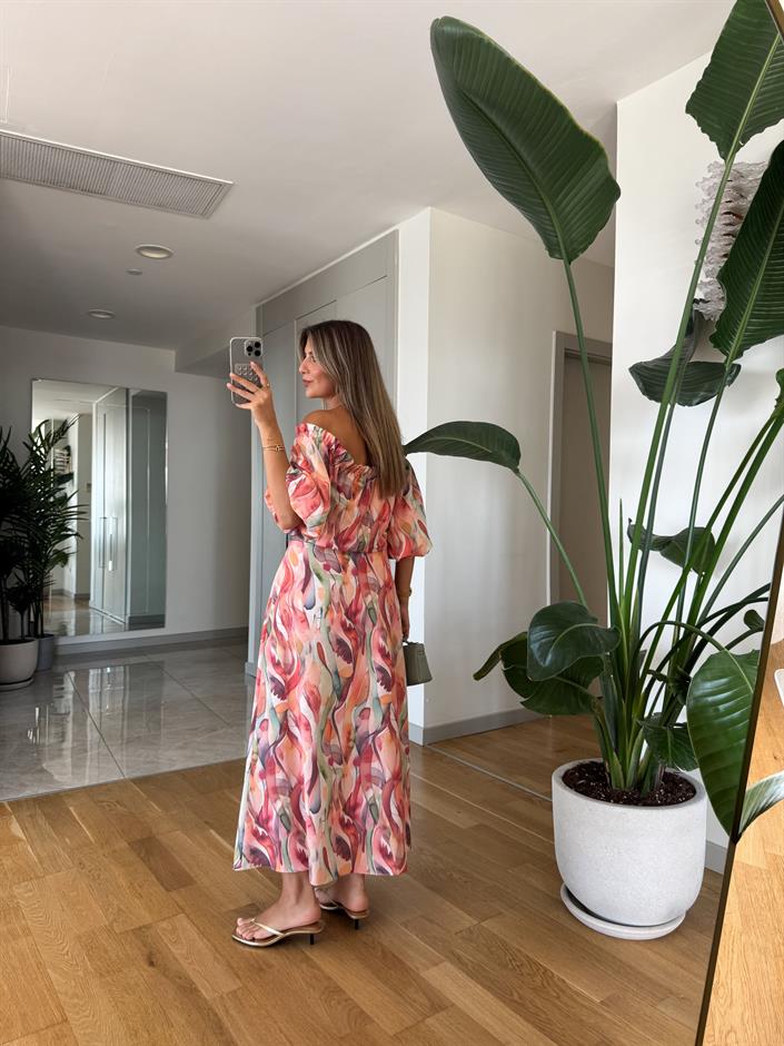 Madonna Yaka Desenli Etek Bluz Takım - Pembe