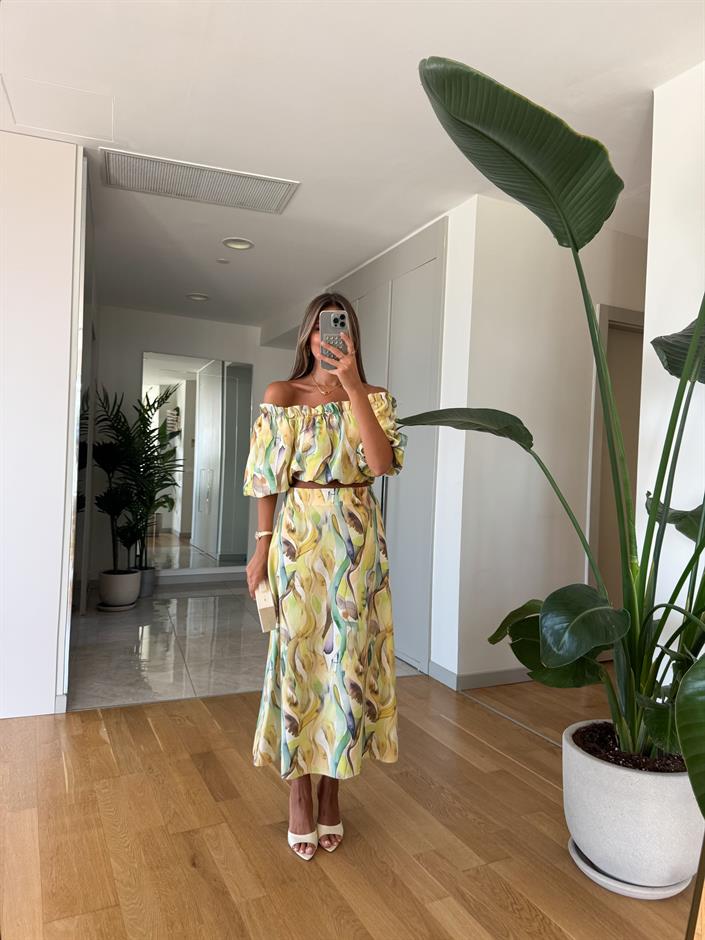 Madonna Yaka Desenli Etek Bluz Takım - Sarı