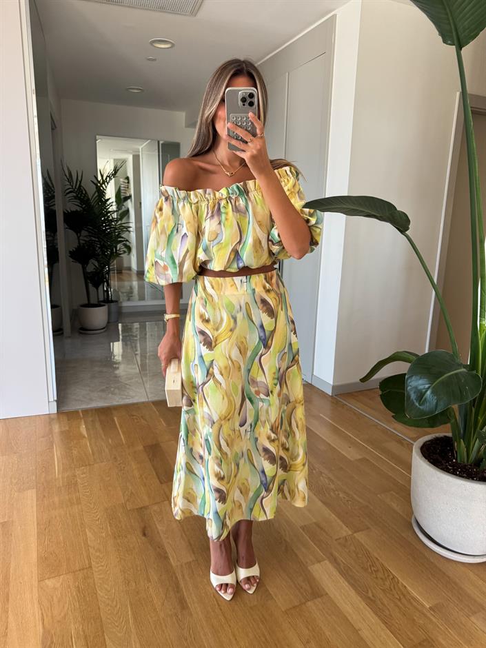 Madonna Yaka Desenli Etek Bluz Takım - Sarı