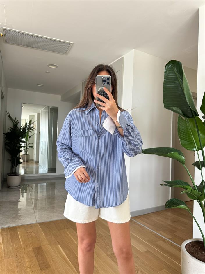 Manşeti Beyaz Çizgili Gömlek