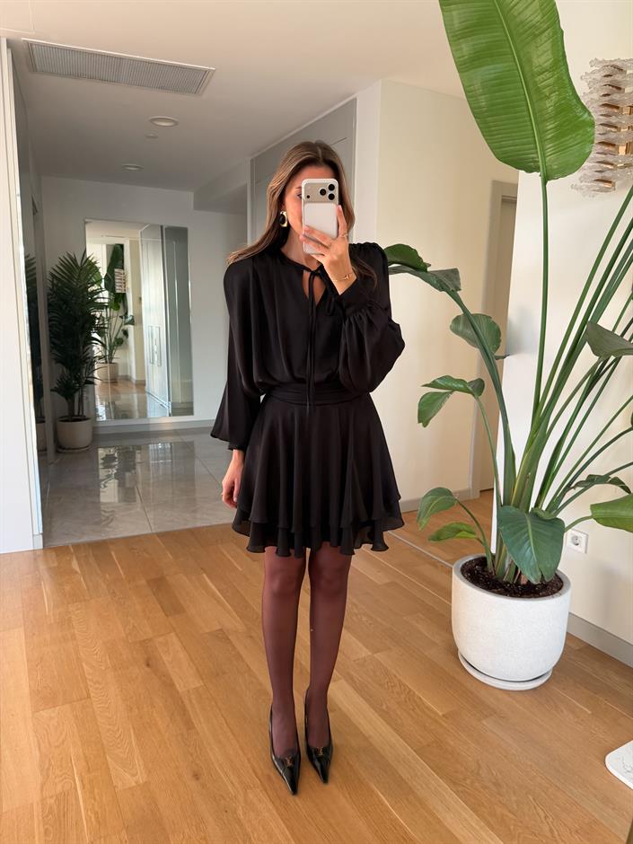 Mara Premium Volanlı Mini Elbise - Siyah