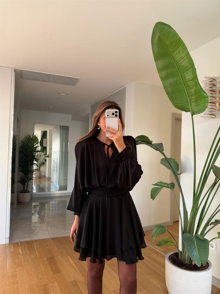 Mara Premium Volanlı Mini Elbise - Siyah