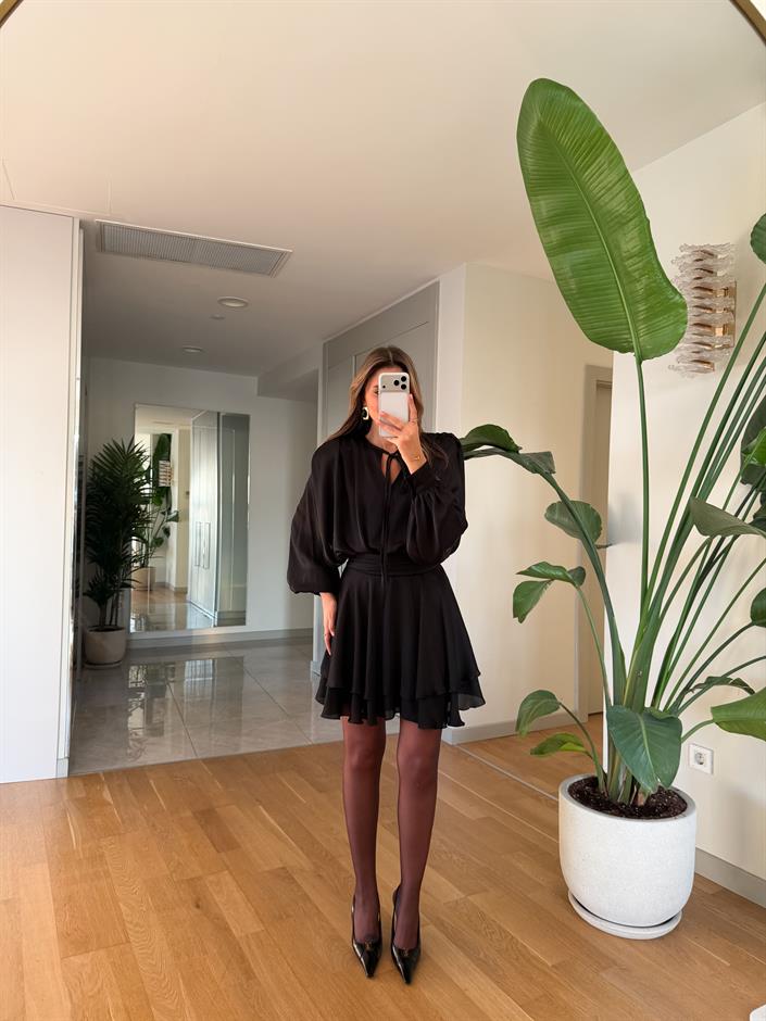 Mara Premium Volanlı Mini Elbise - Siyah