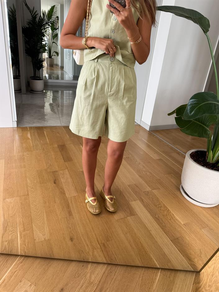 Marbella Yelek Şort Keten Takım - Lime Yeşili