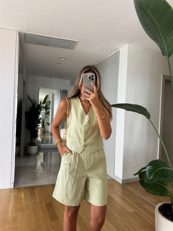 Marbella Yelek Şort Keten Takım - Lime Yeşili