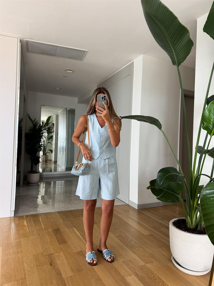 Marbella Yelek Şort Keten Takım - Mavi