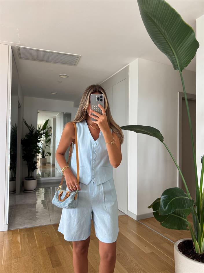 Marbella Yelek Şort Keten Takım - Mavi