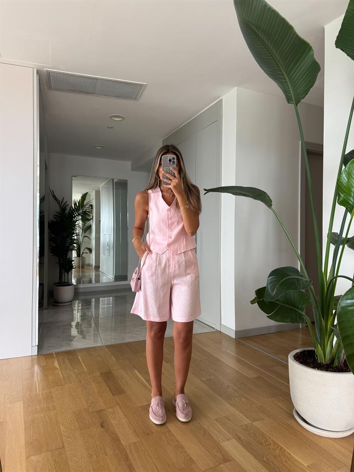 Marbella Yelek Şort Keten Takım - Pembe