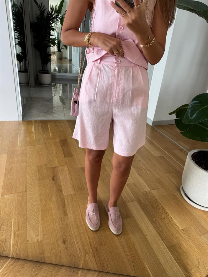 Marbella Yelek Şort Keten Takım - Pembe