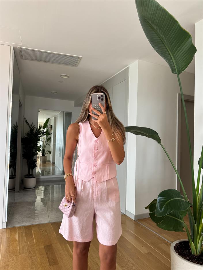 Marbella Yelek Şort Keten Takım - Pembe