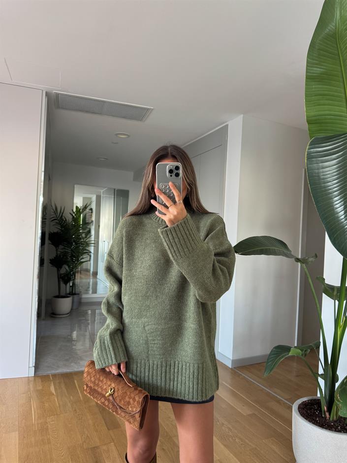 Maria Bisiklet Yaka Triko Kazak - Haki