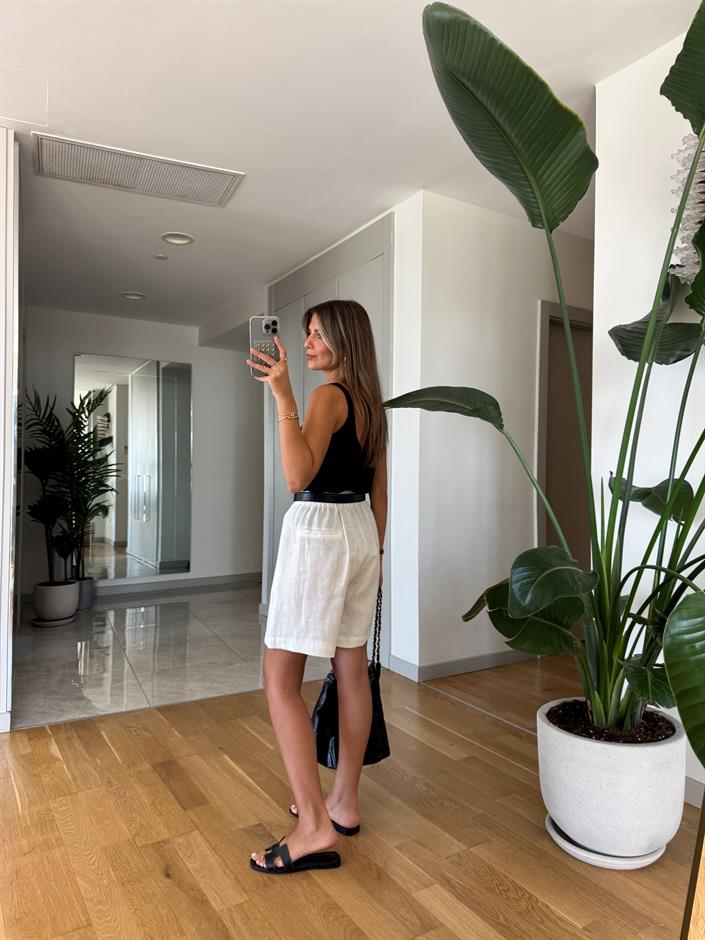 Marin Keten Dokulu Şort - Beyaz