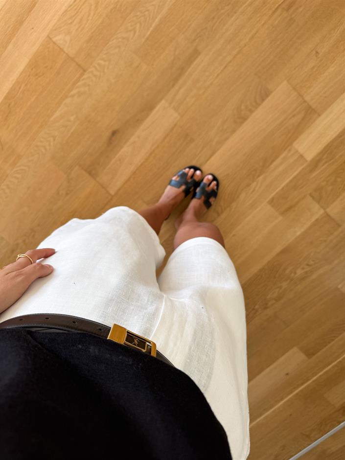 Marin Keten Dokulu Şort - Beyaz