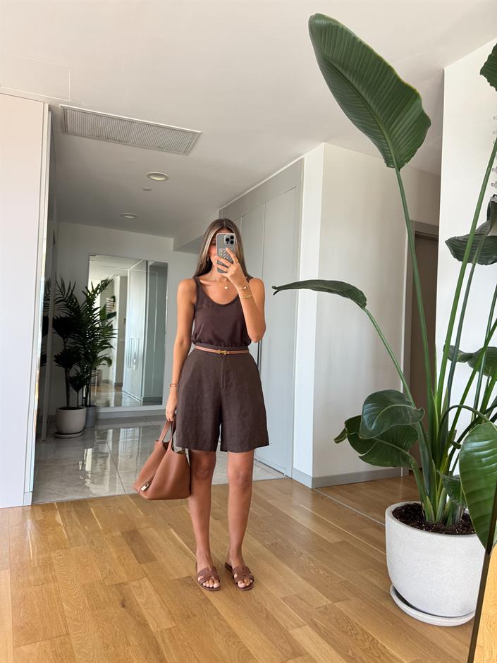 Marin Keten Dokulu Şort - Kahve