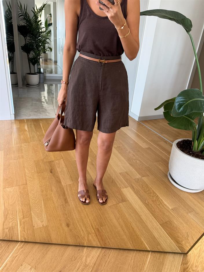 Marin Keten Dokulu Şort - Kahve