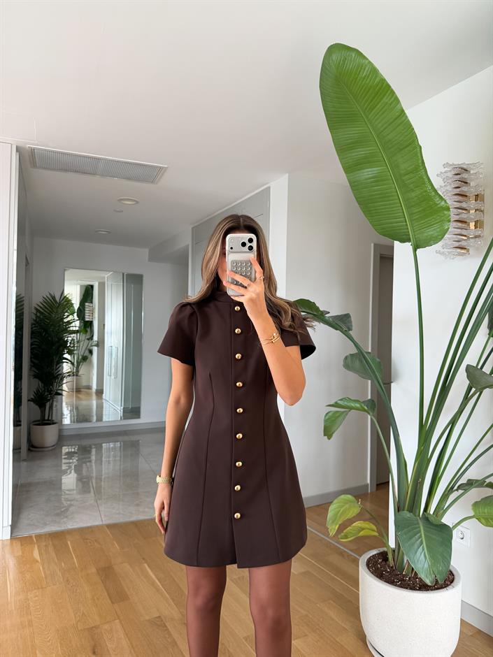 Maryy Top Düğmeli Mini Elbise - Kahve