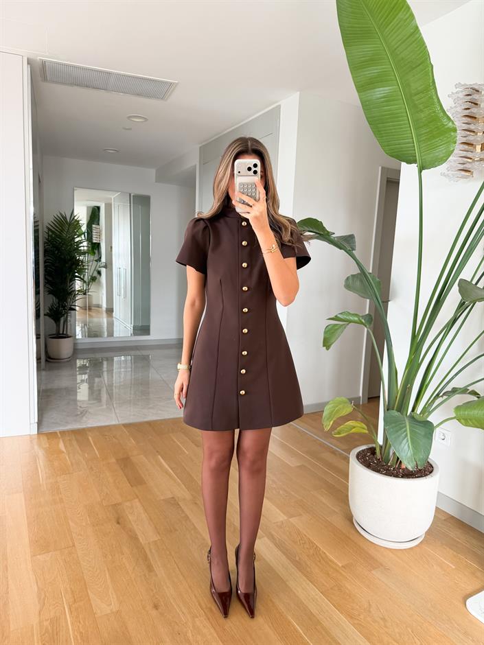 Maryy Top Düğmeli Mini Elbise - Kahve