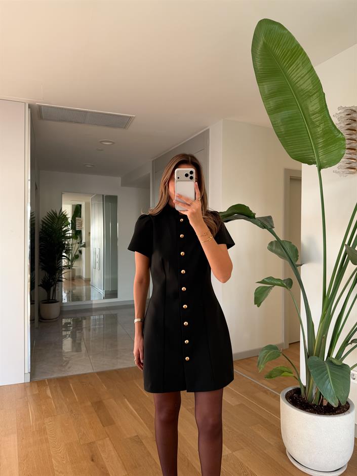 Maryy Top Düğmeli Mini Elbise - Siyah