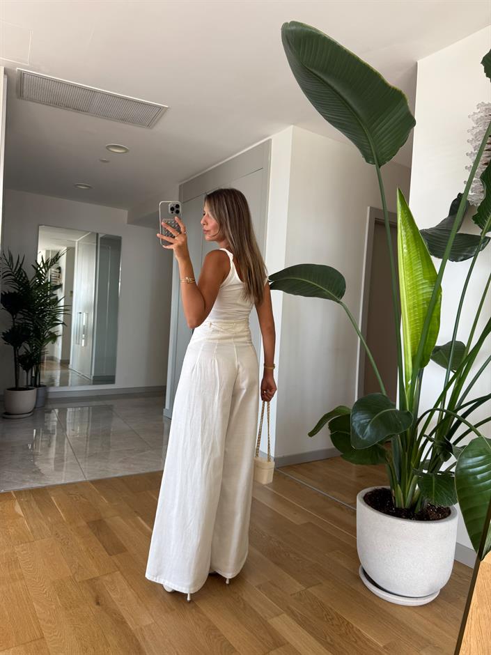 Massi Bol Kesim Kemerli Pantolon -Beyaz