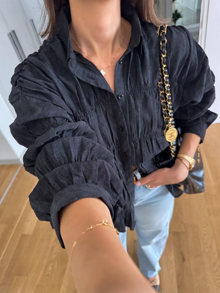 Massi Buruşuk Kumaş Gömlek -Siyah